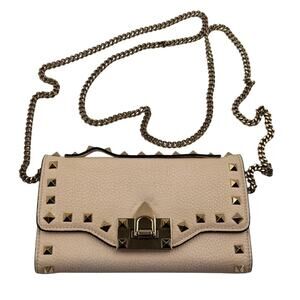 Valentino Garavani Rockstud leather wallet on chain Ivory